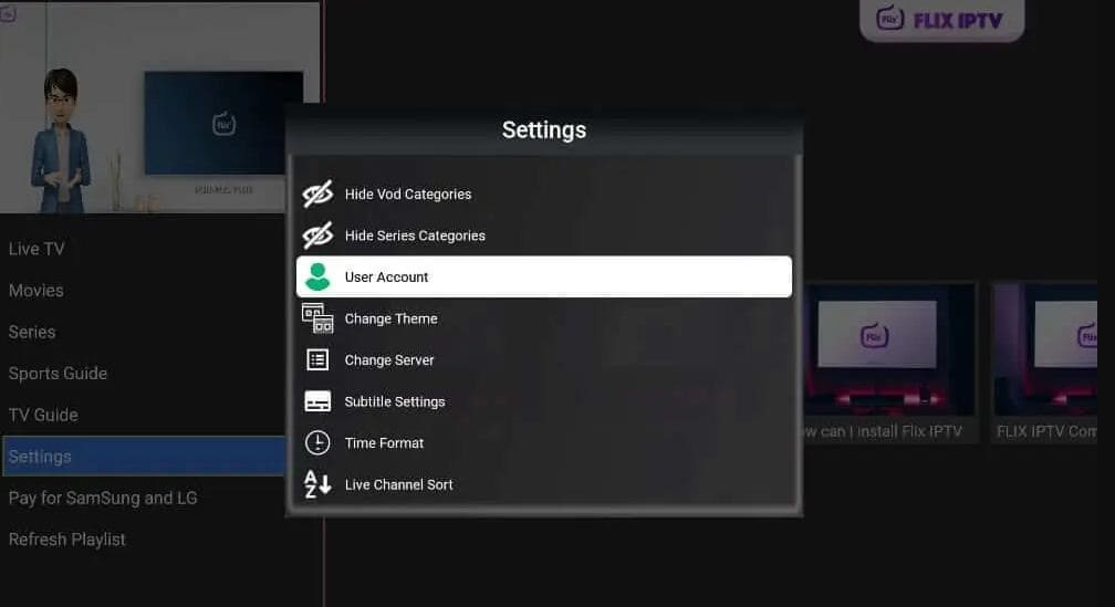 Flix IPTV Settings Menu