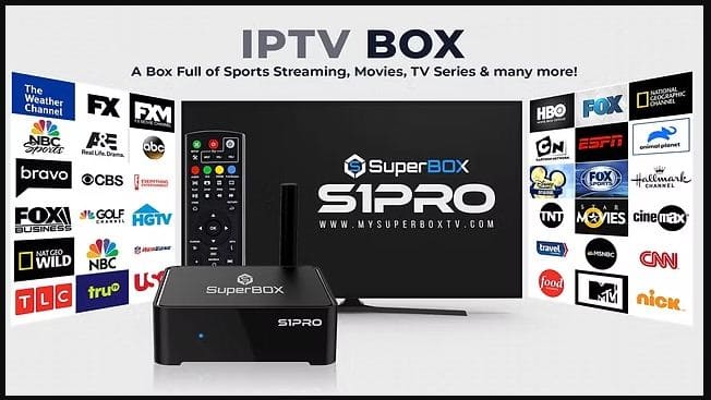 MAG device connected to TV showing IPTV channels