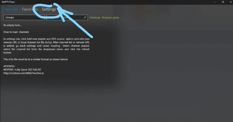 Accessing settings in MyIPTV Player