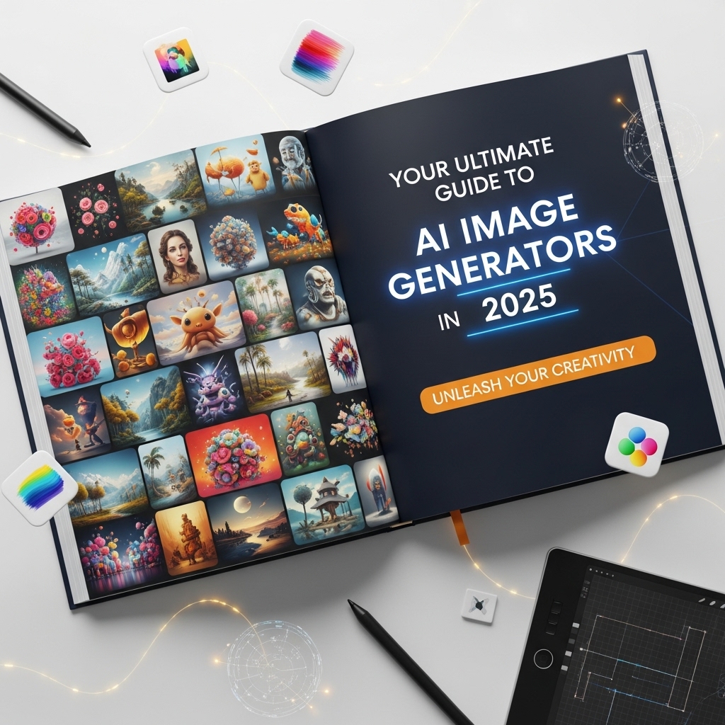 Digital artwork symbolizing the future of creativity in 2025, featuring abstract shapes and futuristic design elements inspired by AI tools