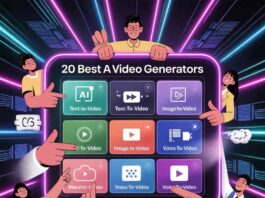 A collage of icons representing various AI video generators, including text, image, voice, and cartoon tools.