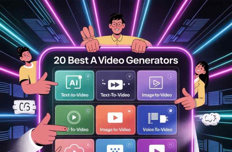 A collage of icons representing various AI video generators, including text, image, voice, and cartoon tools.
