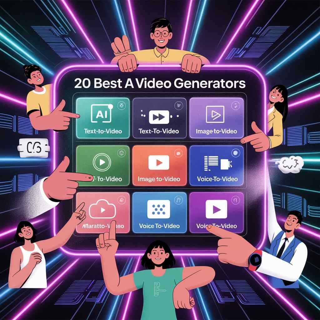 A collage of icons representing various AI video generators, including text, image, voice, and cartoon tools.