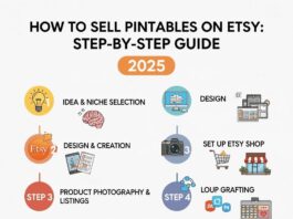 Step-by-step guide showing how to sell printables on Etsy in 2025 with laptop displaying Etsy shop interface