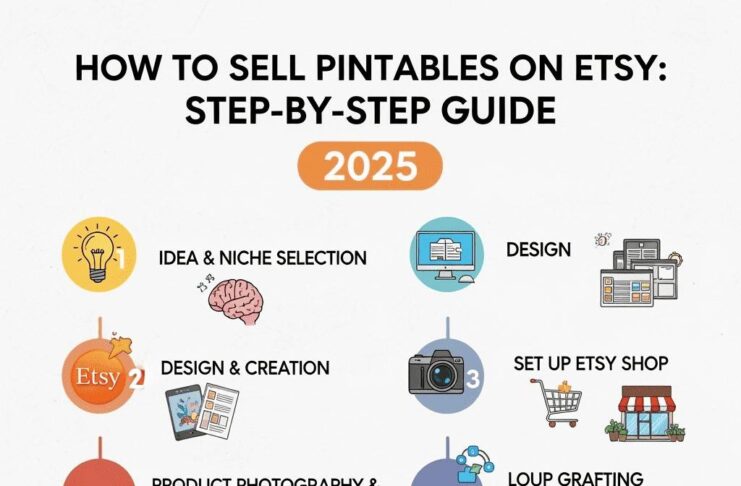 Step-by-step guide showing how to sell printables on Etsy in 2025 with laptop displaying Etsy shop interface