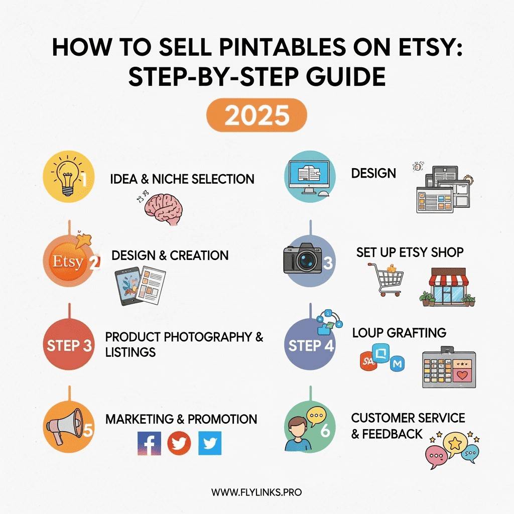 Step-by-step guide showing how to sell printables on Etsy in 2025 with laptop displaying Etsy shop interface