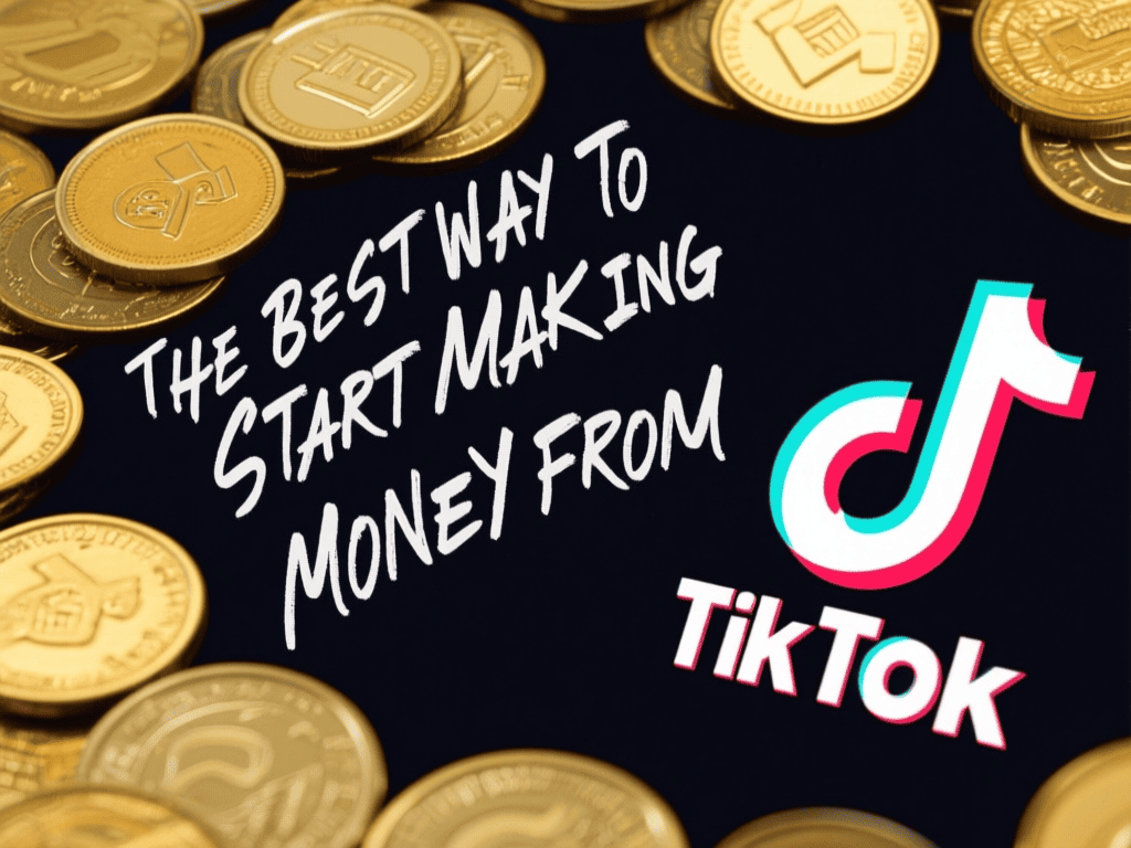 Person holding smartphone showing TikTok app with dollar signs and growth chart overlay