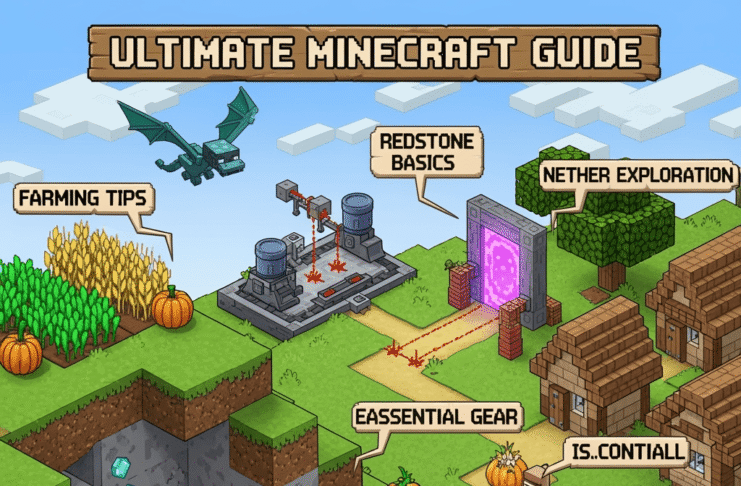 Vibrant Minecraft scene with horses, potions, enchanted gear, and diverse biomes representing key gameplay mechanics.