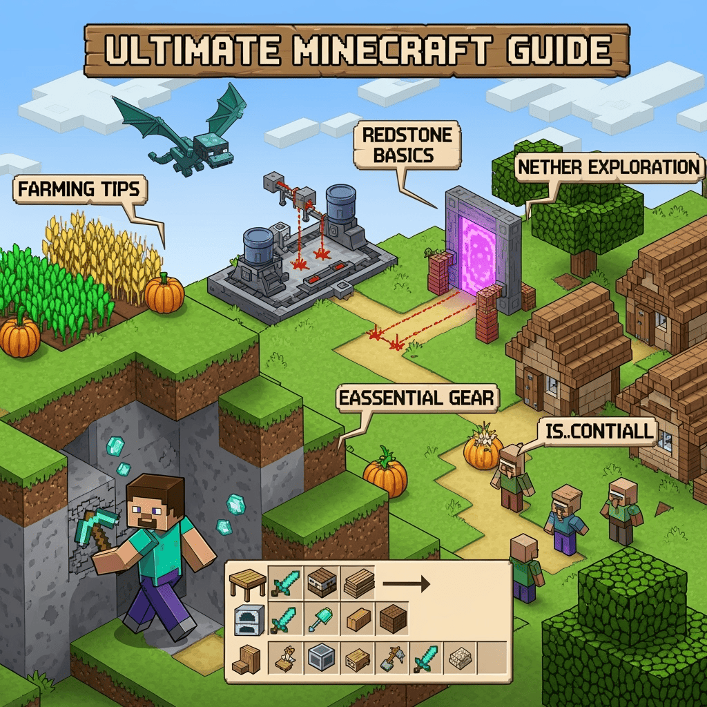 Vibrant Minecraft scene with horses, potions, enchanted gear, and diverse biomes representing key gameplay mechanics.