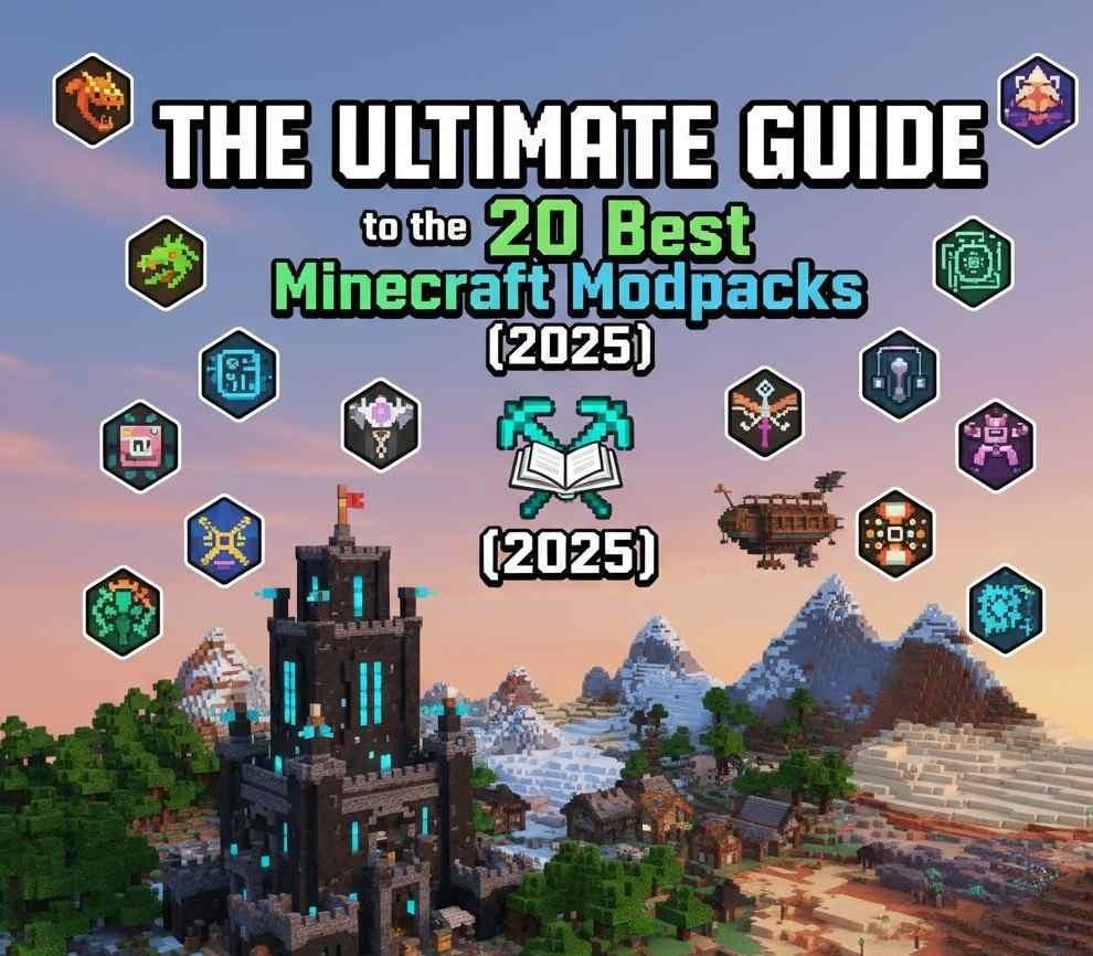 Promotional graphic with the title 'Best Minecraft Modpacks,' featuring Minecraft-style block textures and characters, highlighting popular modpack options for the game.