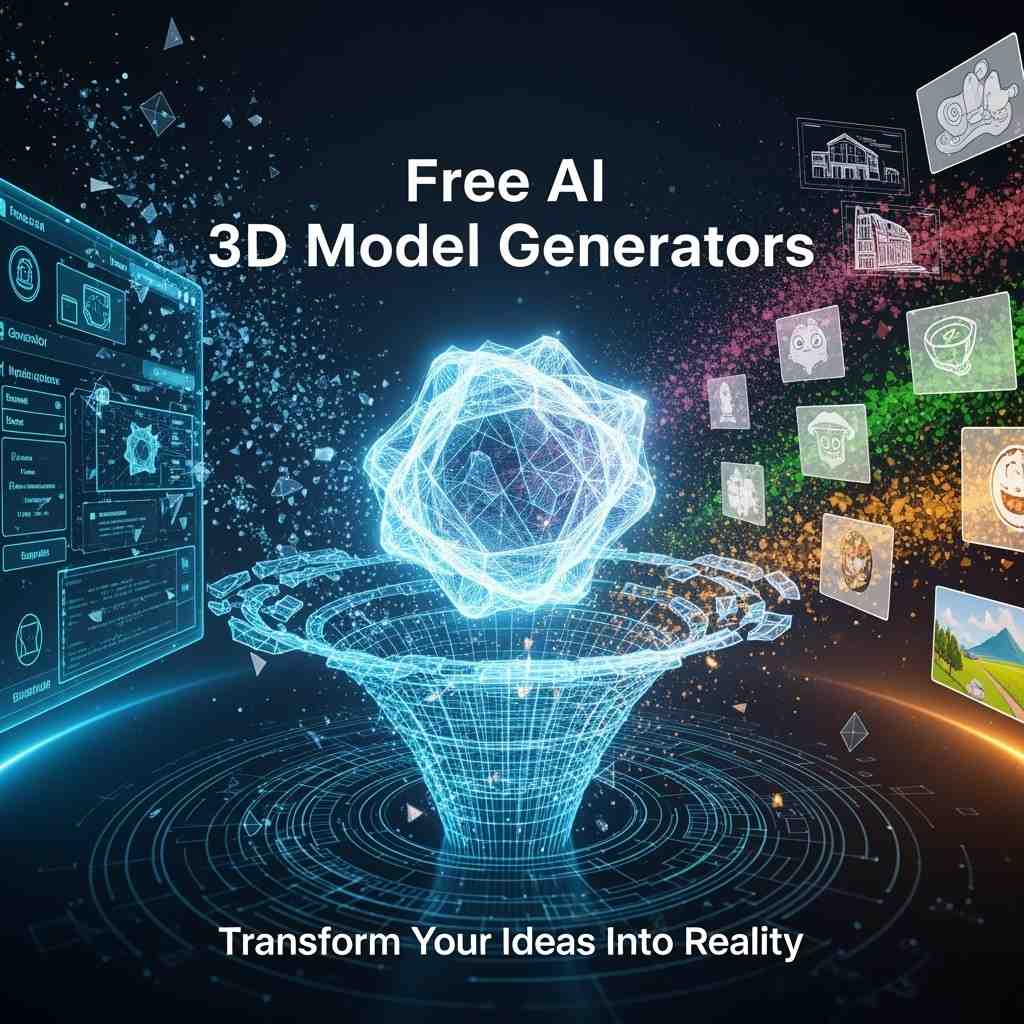Comparison grid showing before and after results from AI 3D model generators - text prompts transformed into detailed 3D models including characters, objects, and architectural elements